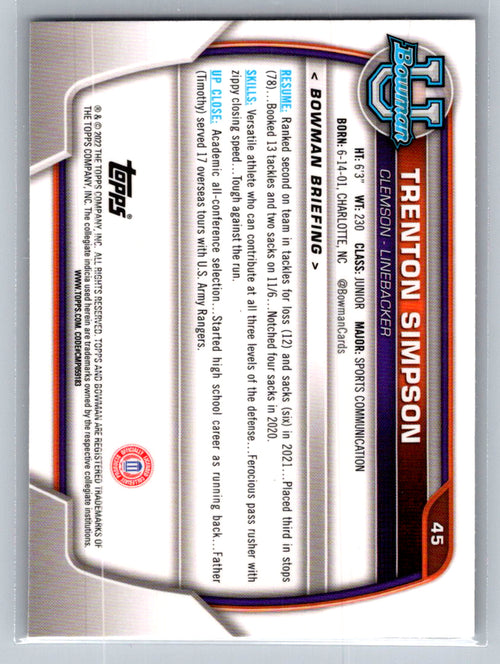 2022 Bowman University Chrome #45 Trenton Simpson Clemson Tigers