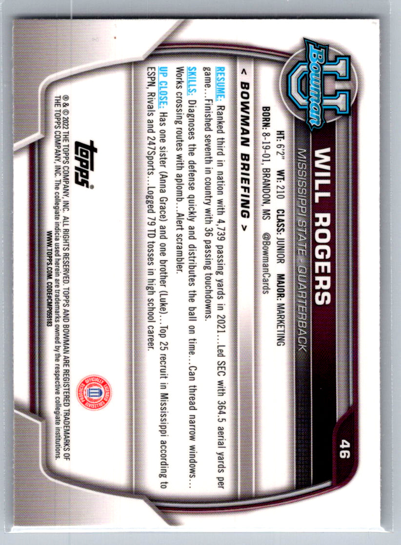 2022 Bowman University Chrome #46 Will Rogers Mississippi State Bulldogs