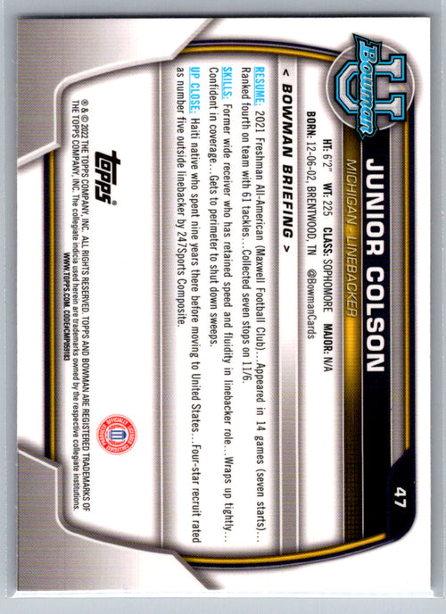 2022 Bowman University Chrome #47 Junior Colson Michigan Wolverines