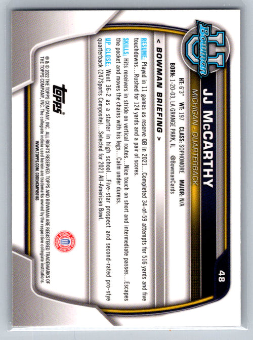 2022 Bowman University Chrome #48 JJ McCarthy Michigan Wolverines