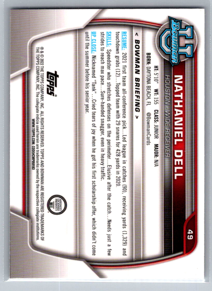 2022 Bowman University Chrome #49 Nathaniel Dell Houston Cougars
