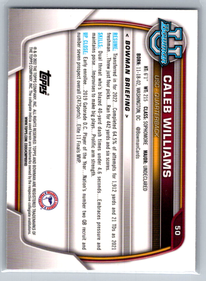 2022 Bowman University Chrome #50 Caleb Williams USC Trojans