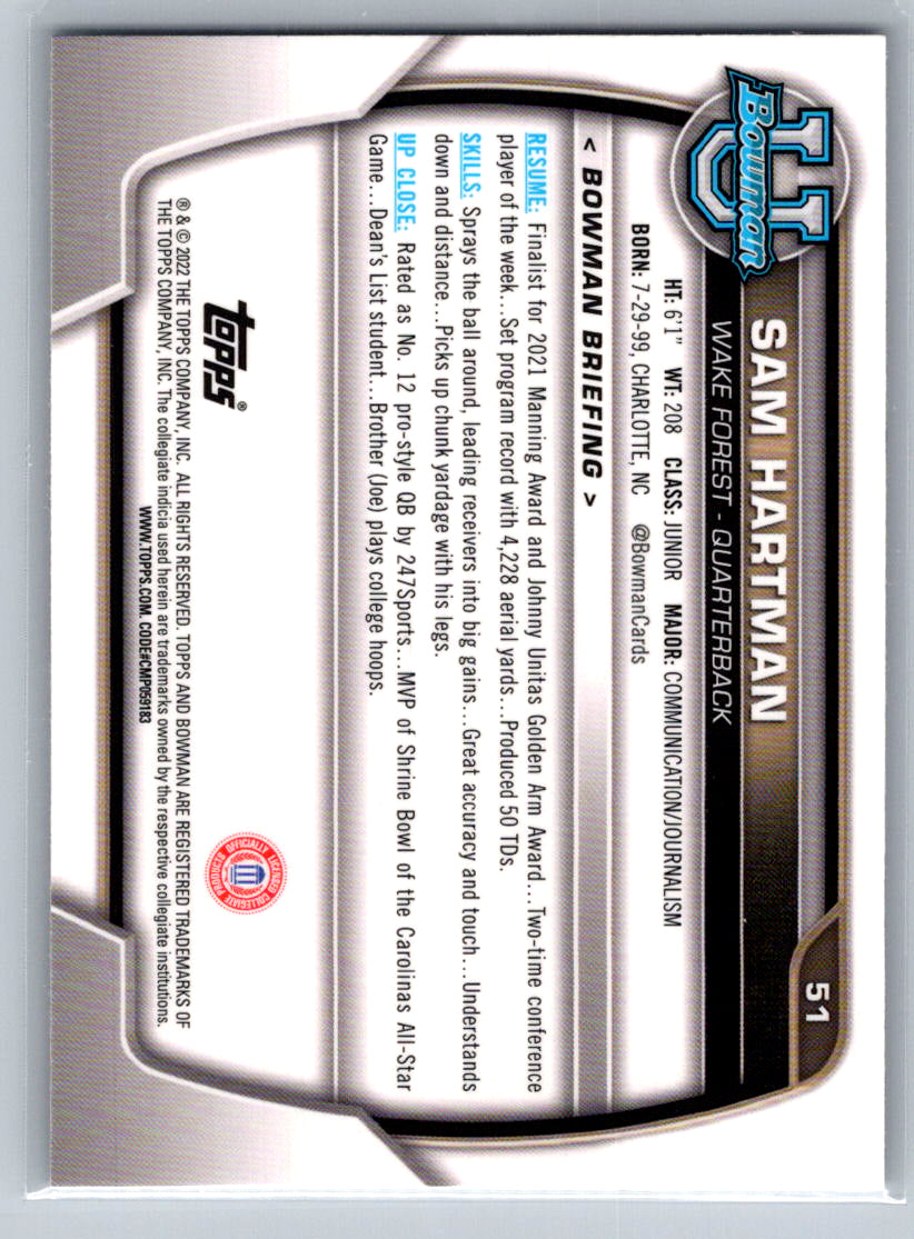 2022 Bowman University Chrome #51 Sam Hartman Wake Forest Demon Deacons