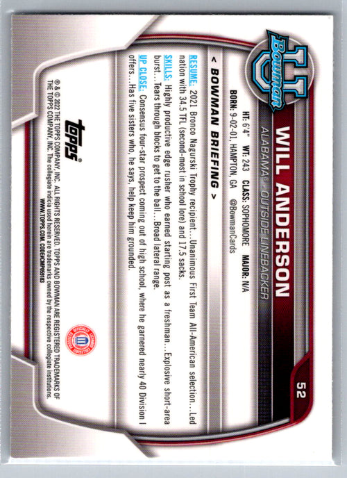 2022 Bowman University Chrome #52 Will Anderson Alabama Crimson Tide