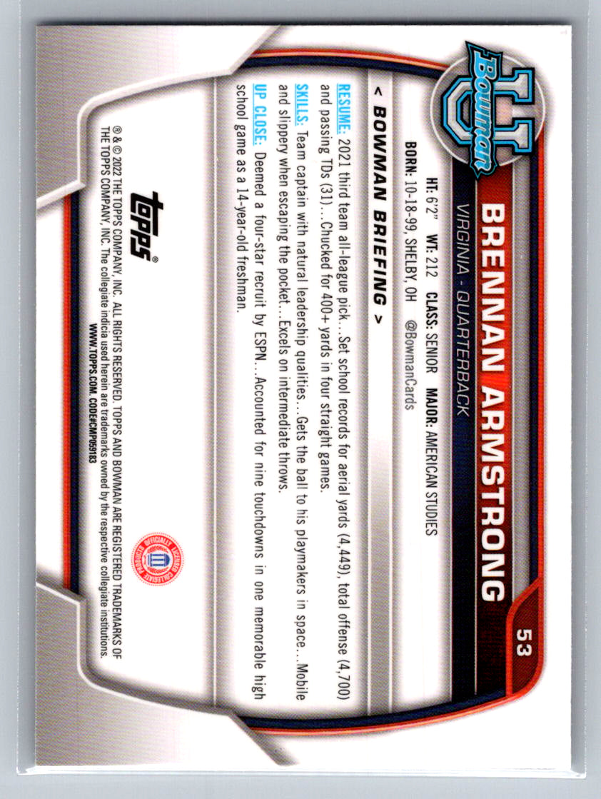 2022 Bowman University Chrome #53 Brennan Armstrong Virginia Cavaliers