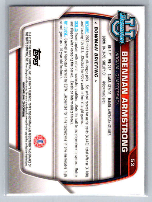 2022 Bowman University Chrome #53 Brennan Armstrong Virginia Cavaliers
