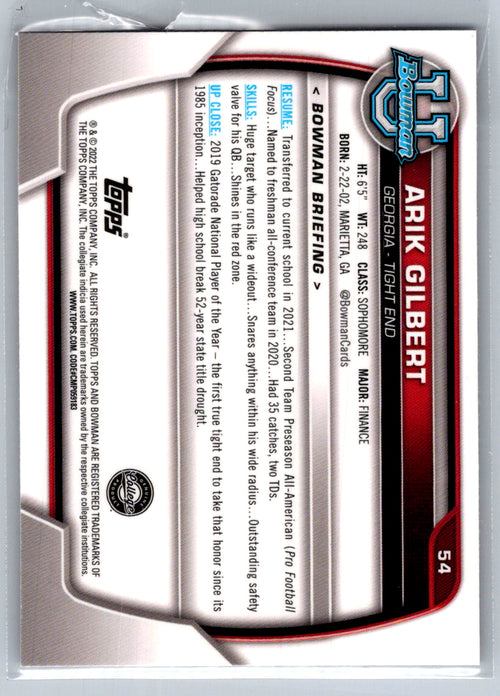 2022 Bowman University Chrome #54 Arik Gilbert Georgia Bulldogs