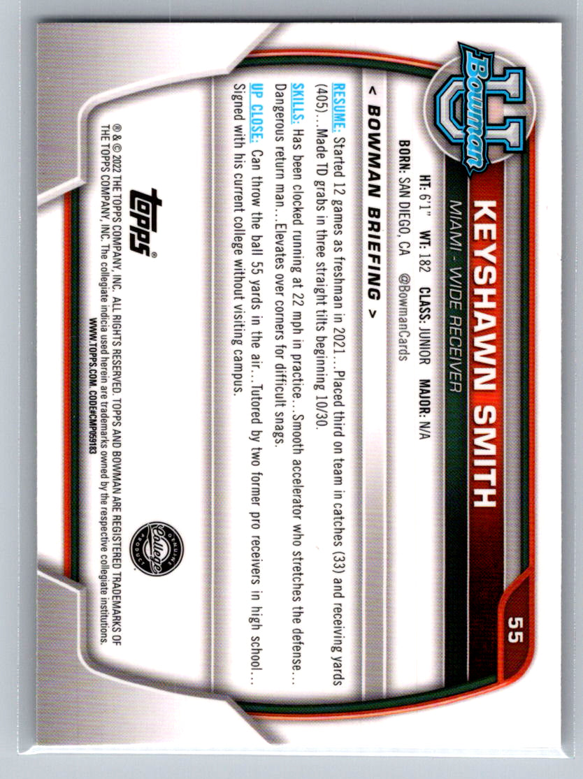 2022 Bowman University Chrome #55 Keyshawn Smith Miami Hurricanes