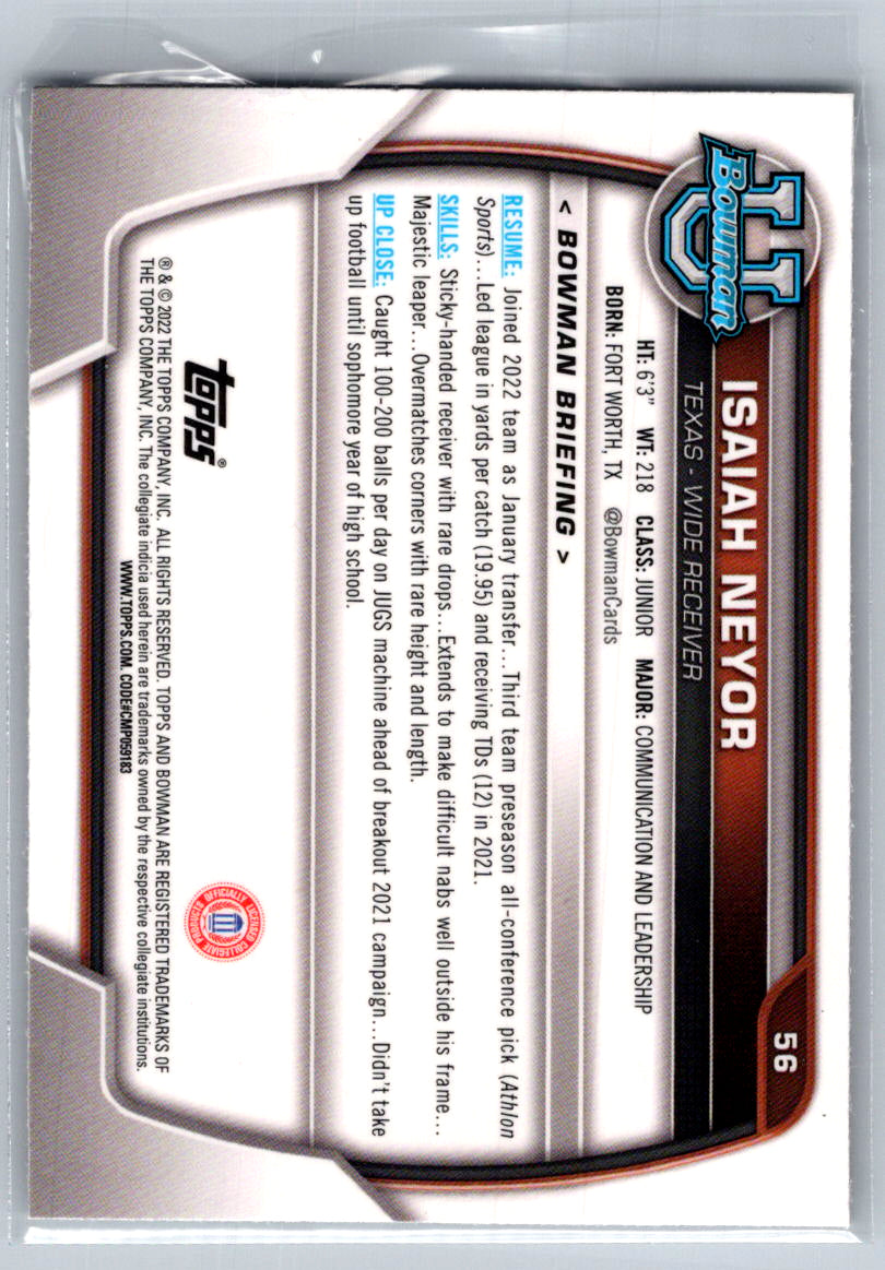 2022 Bowman University Chrome #56 Isaiah Neyor Texas Longhorns