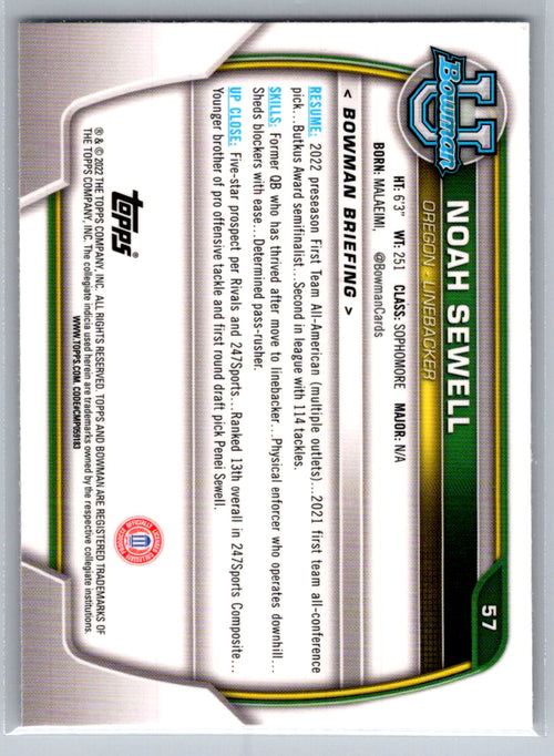 2022 Bowman University Chrome #57 Noah Sewell Oregon Ducks