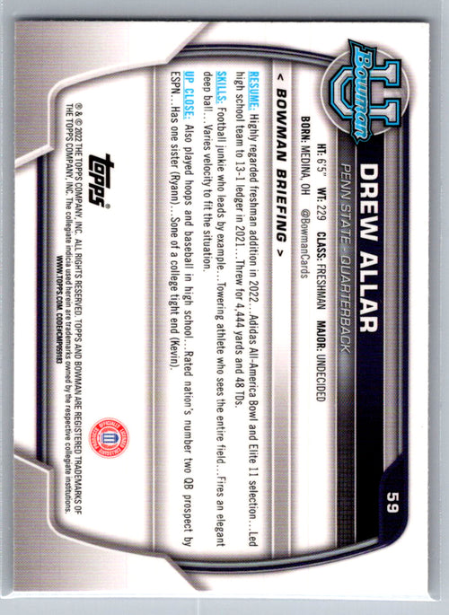 2022 Bowman University Chrome #59 Drew Allar Penn State Nittany Lions
