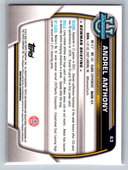 2022 Bowman University Chrome #63 Andrel Anthony Michigan Wolverines