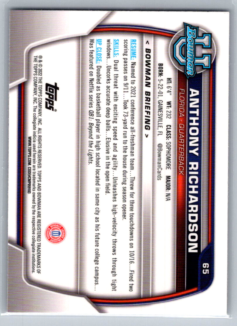 2022 Bowman University Chrome #65 Anthony Richardson Florida Gators