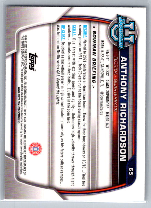 2022 Bowman University Chrome #65 Anthony Richardson Florida Gators