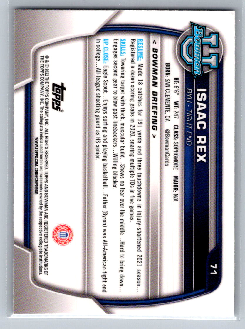 2022 Bowman University Chrome #71 Isaac Rex BYU Cougars