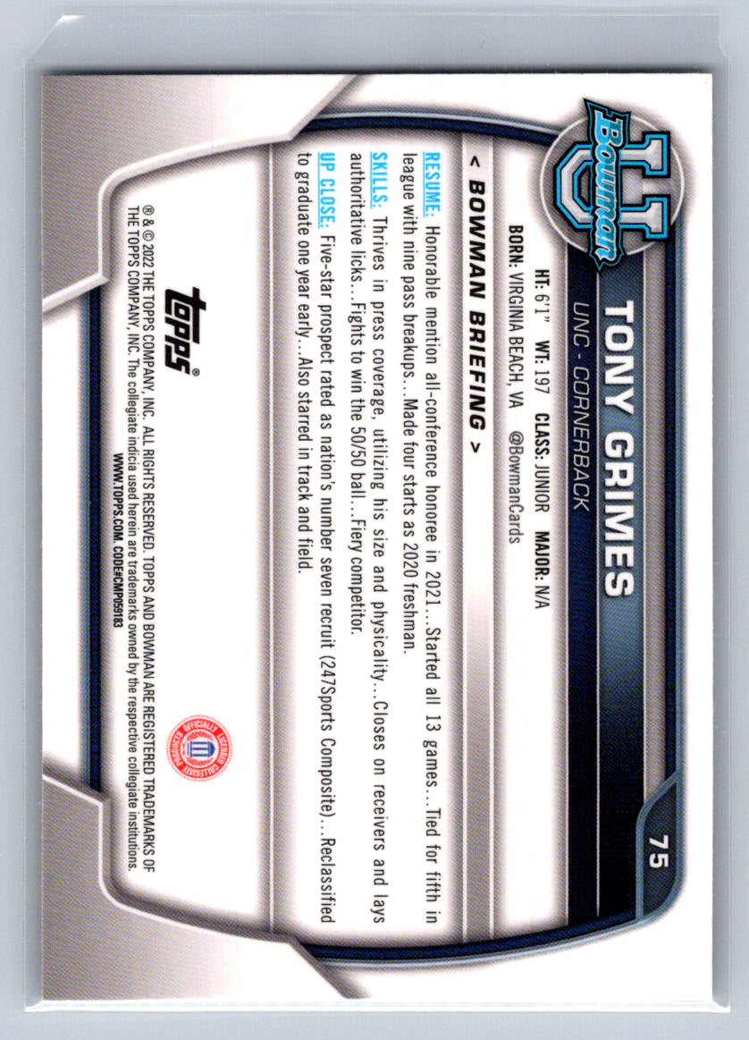 2022 Bowman University Chrome #75 Tony Grimes North Carolina Tar Heels