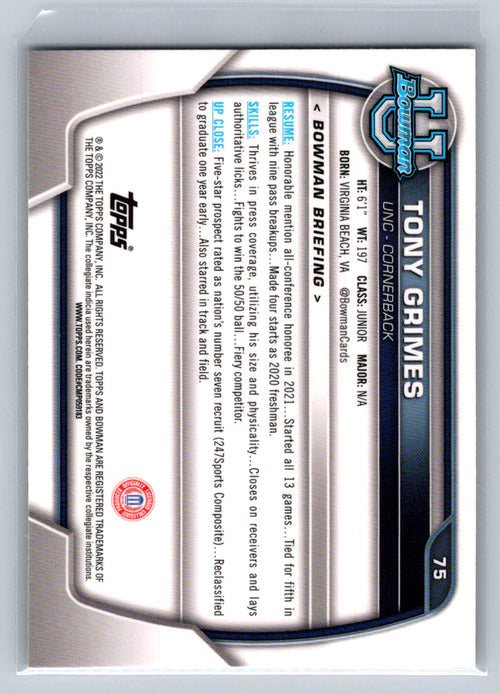 2022 Bowman University Chrome #75 Tony Grimes North Carolina Tar Heels