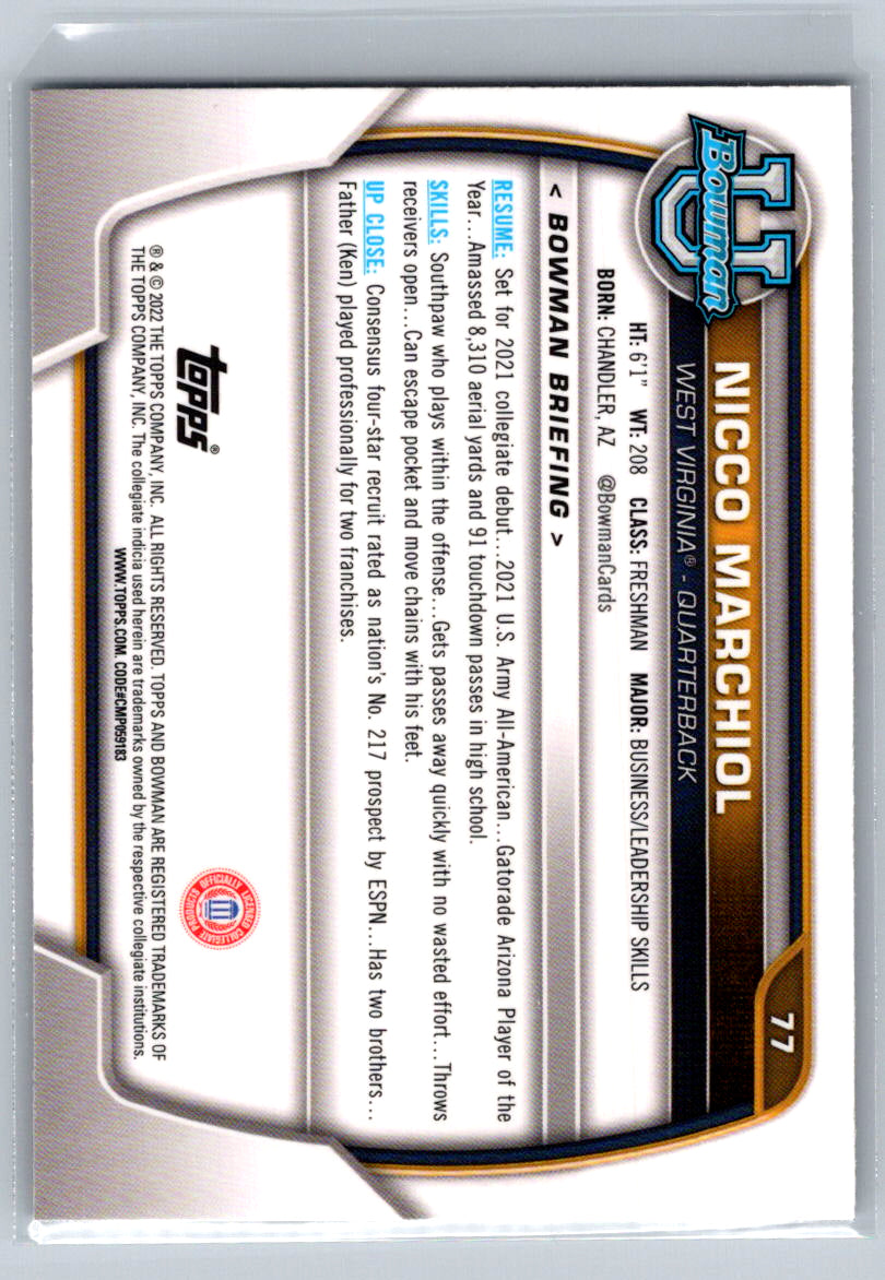 2022 Bowman University Chrome #77 Nicco Marchiol West Virginia Mountaineers