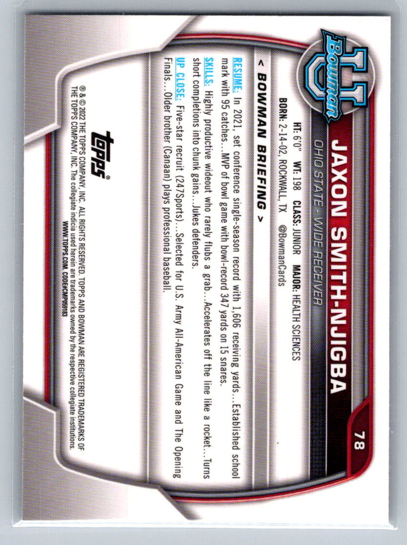 2022 Bowman University Chrome #78 Jaxon Smith-Njigba Ohio State Buckeyes