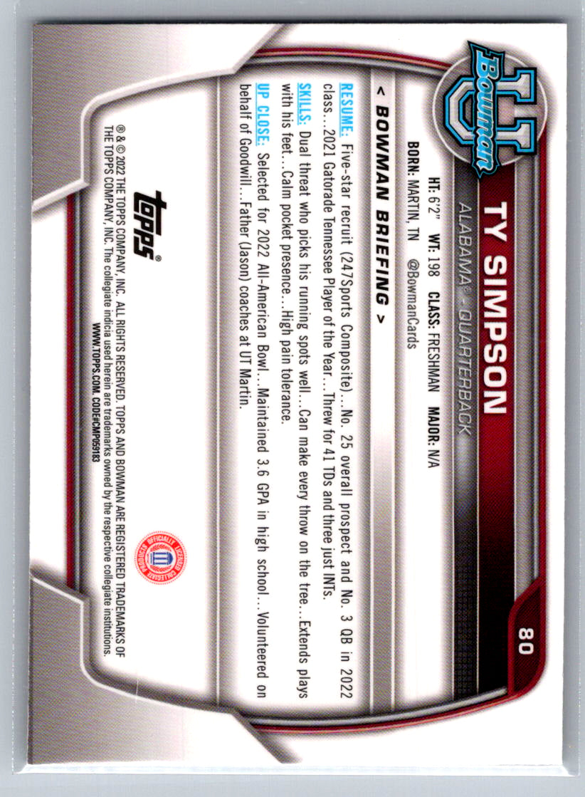 2022 Bowman University Chrome #80 Ty Simpson Alabama Crimson Tide