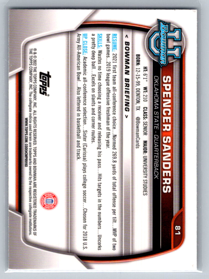 2022 Bowman University Chrome #81 Spencer Sanders Oklahoma State Cowboys