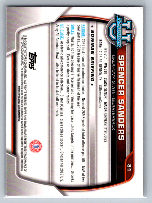 2022 Bowman University Chrome #81 Spencer Sanders Oklahoma State Cowboys