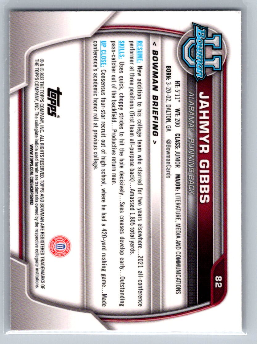 2022 Bowman University Chrome #82 Jahmyr Gibbs Alabama Crimson Tide