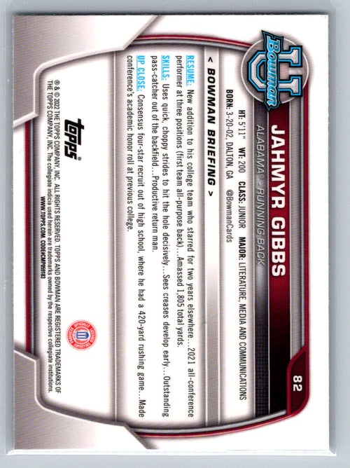2022 Bowman University Chrome #82 Jahmyr Gibbs Alabama Crimson Tide