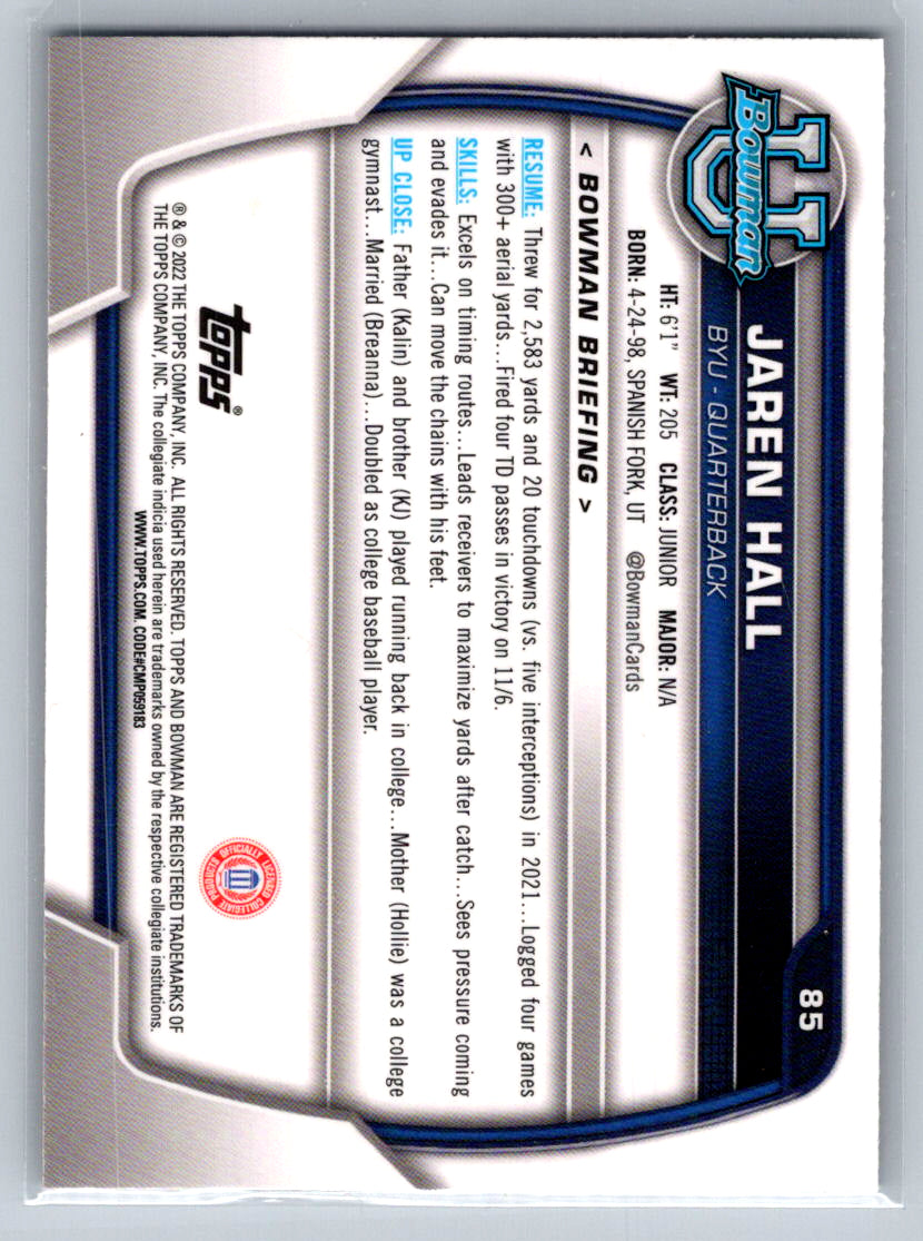 2022 Bowman University Chrome #85 Jaren Hall BYU Cougars