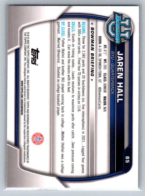 2022 Bowman University Chrome #85 Jaren Hall BYU Cougars