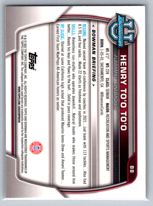 2022 Bowman University Chrome #88 Henry To'oTo'o Alabama Crimson Tide