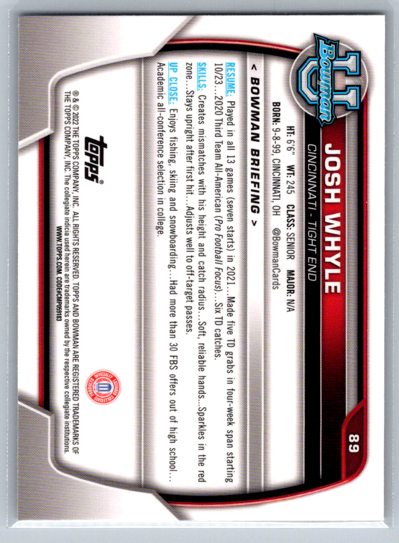 2022 Bowman University Chrome #89 Josh Whyle Cincinnati Bearcats