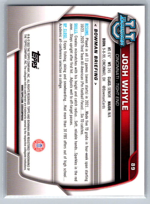 2022 Bowman University Chrome #89 Josh Whyle Cincinnati Bearcats