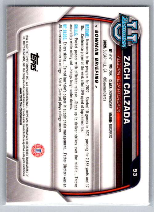 2022 Bowman University Chrome #93 Zach Calzada Auburn Tigers