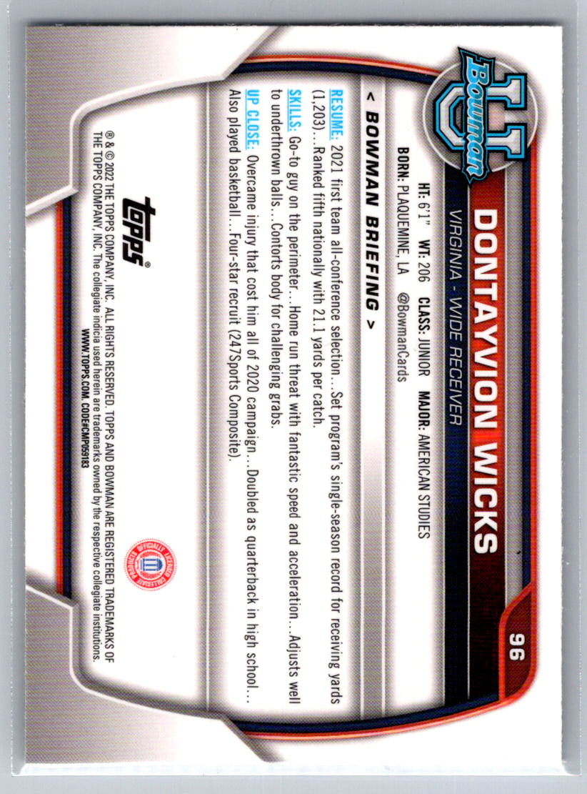 2022 Bowman University Chrome #96 Dontayvion Wicks Virginia Cavaliers
