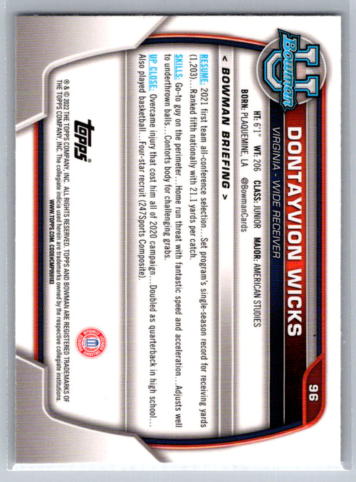 2022 Bowman University Chrome #96 Dontayvion Wicks Virginia Cavaliers