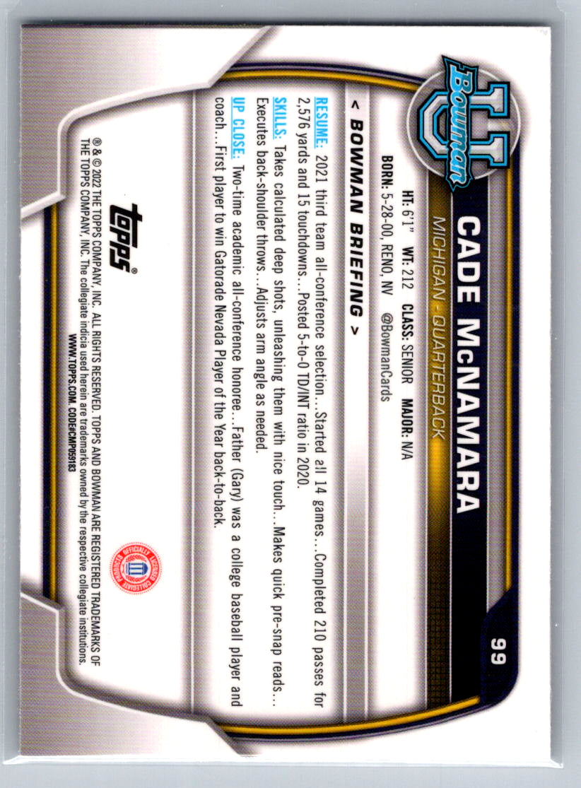 2022 Bowman University Chrome #99 Cade McNamara Michigan Wolverines