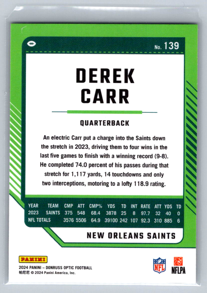 2024 Donruss Optic #139 Derek Carr New Orleans Saints