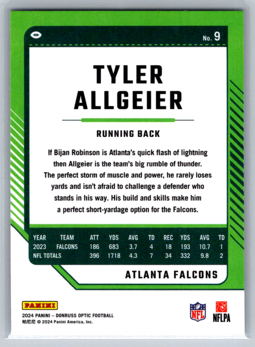 2024 Donruss Optic #9 Tyler Allgeier Atlanta Falcons