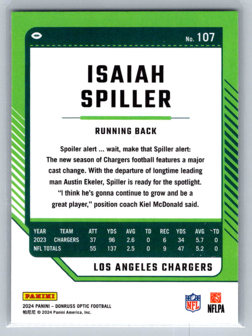 2024 Donruss Optic #107 Isaiah Spiller Los Angeles Chargers