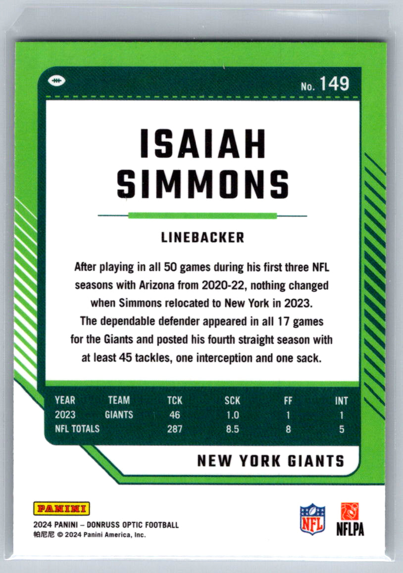 2024 Donruss Optic #149 Isaiah Simmons New York Giants