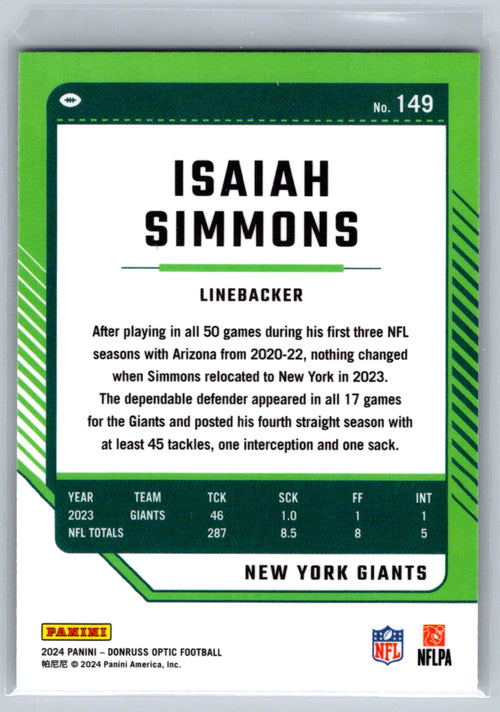 2024 Donruss Optic #149 Isaiah Simmons New York Giants