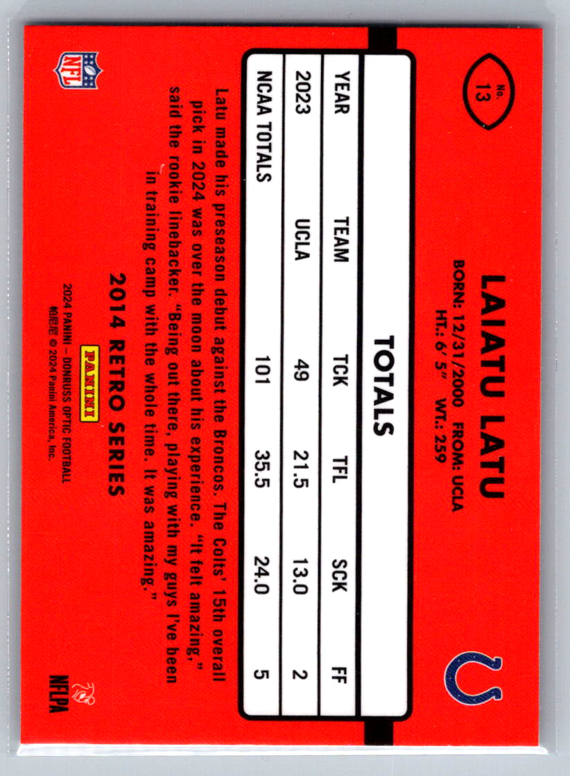 2024 Donruss Optic #13 Laiatu Latu 2014 Retro Series Indianapolis Colts