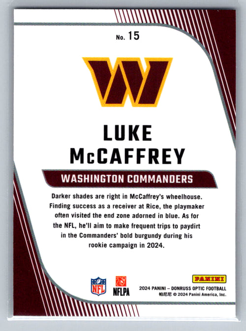 2024 Donruss Optic #15 Luke McCaffrey Rookie Primary Colors Washington Commanders
