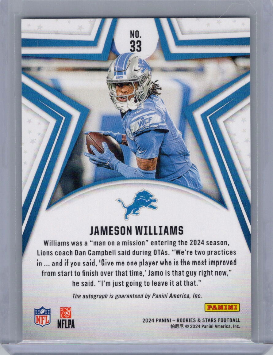 2024 Panini Rookies & Stars #33 Jameson Williams Signatures True Blue #/99 Detroit Lions