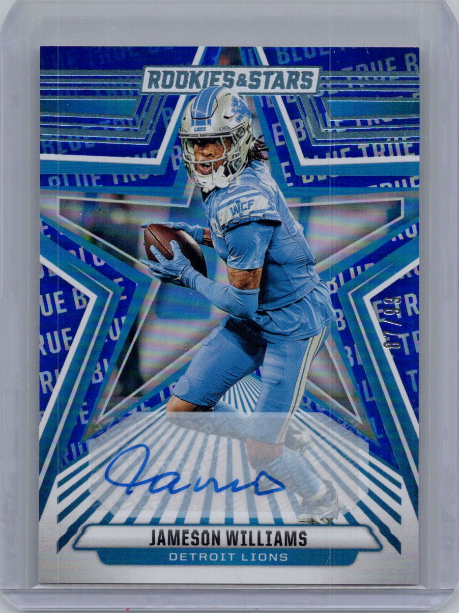 2024 Panini Rookies & Stars #33 Jameson Williams Signatures True Blue #/99 Detroit Lions