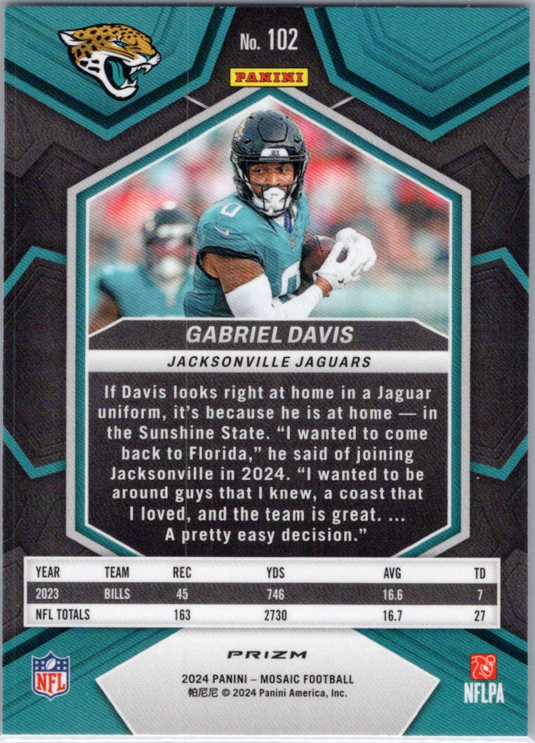 2024 Panini Mosaic #102 Gabriel Davis Mosaic Reactive Blue Jacksonville Jaguars