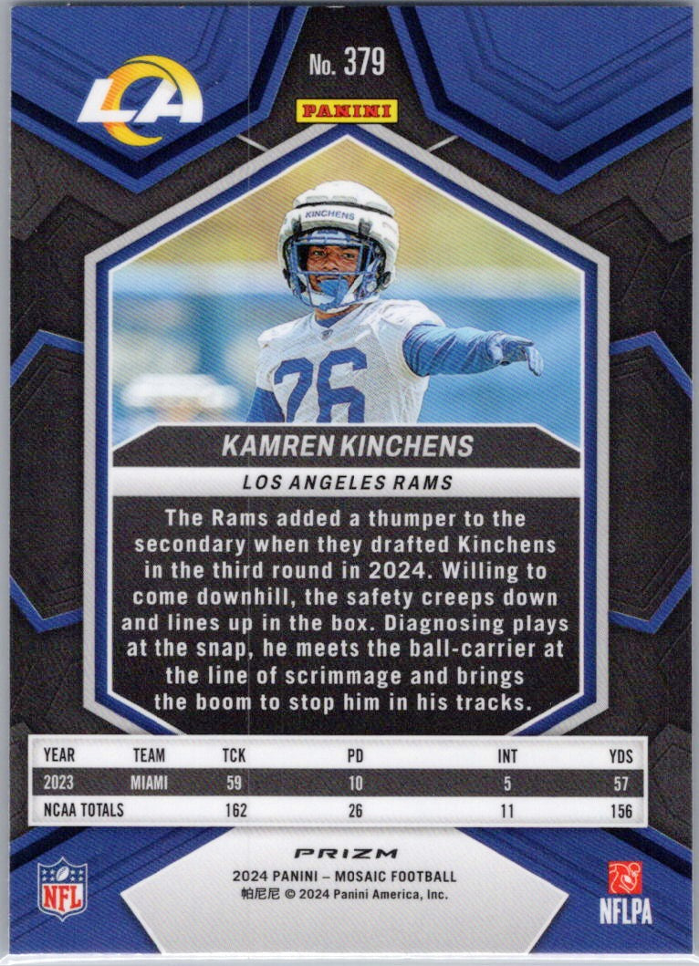 2024 Panini Mosaic #379 Kamren Kinchens Mosaic Reactive Blue Los Angeles Rams