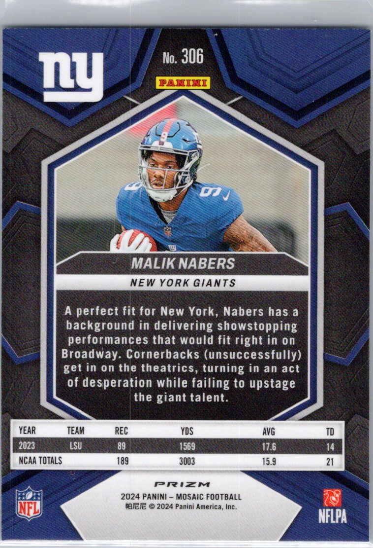 2024 Panini Mosaic #306 Malik Nabers Mosaic Reactive Blue New York Giants