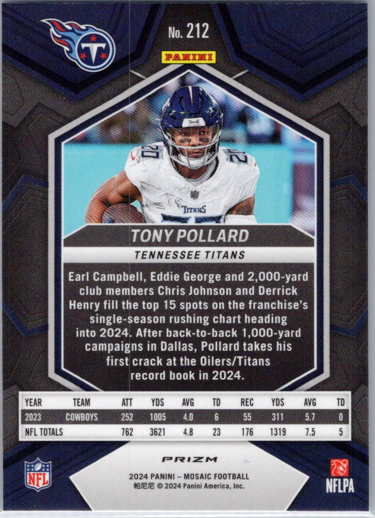 2024 Panini Mosaic #212 Tony Pollard Mosaic Reactive Blue Tennessee Titans